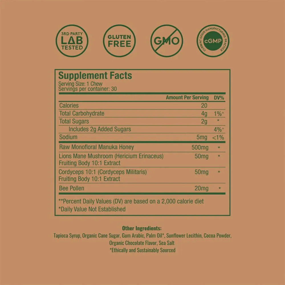 Plant People WonderBee Superfood + Mushroom Honey Chews - Chocolate