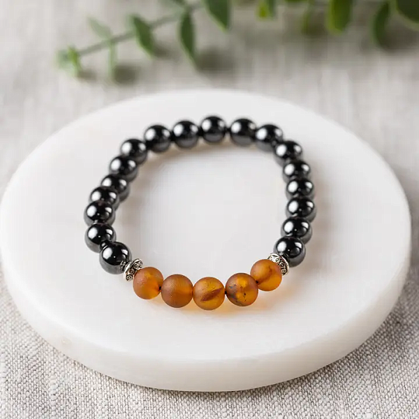 Raw Cognac Amber & Magnetic Hematite Bracelet