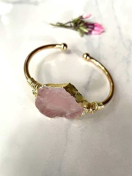 Rose Quartz Flat Gemstone Gold Bangle Cuff Bracelet