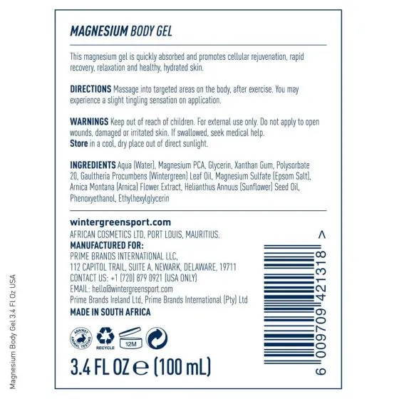 Wintergreen Magnesium Body Gel 3.4 Oz