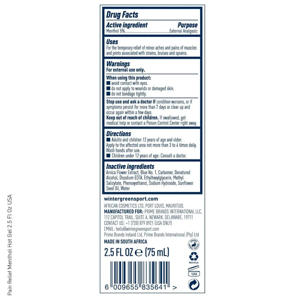 Wintergreen Pain Relief Menthol Hot Gel 2.5 Oz