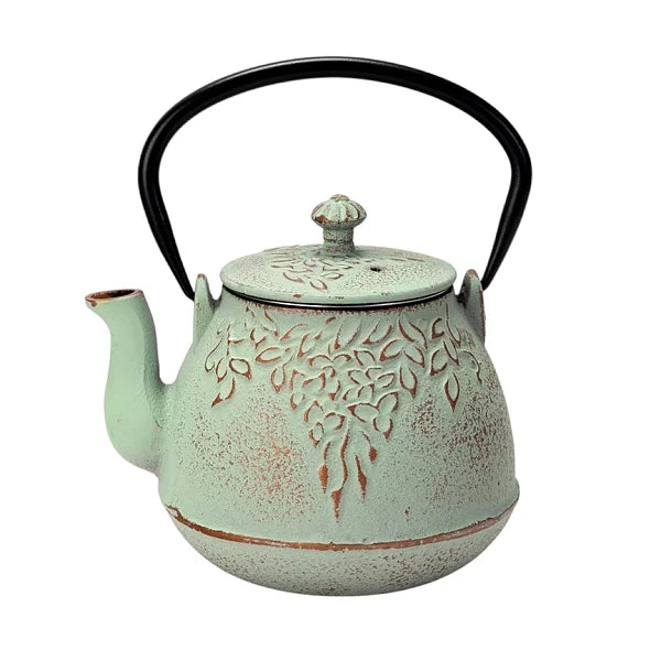 Cast Iron Tea Pot, Mint Green Leaves - 32oz